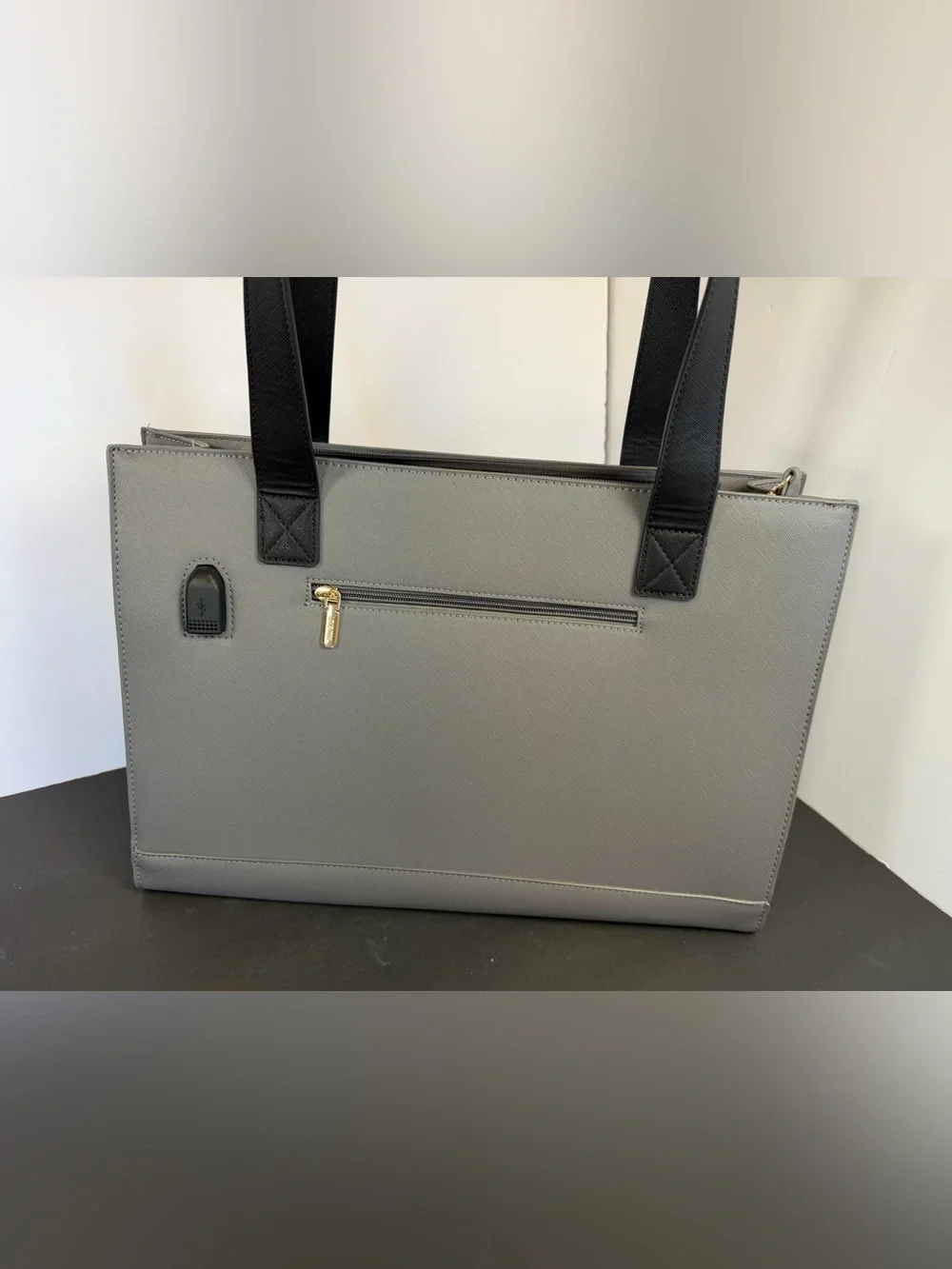 Lovevook Black Gray Colorblock Laptop Tote Bag 2Pc Set USB Port Clutch